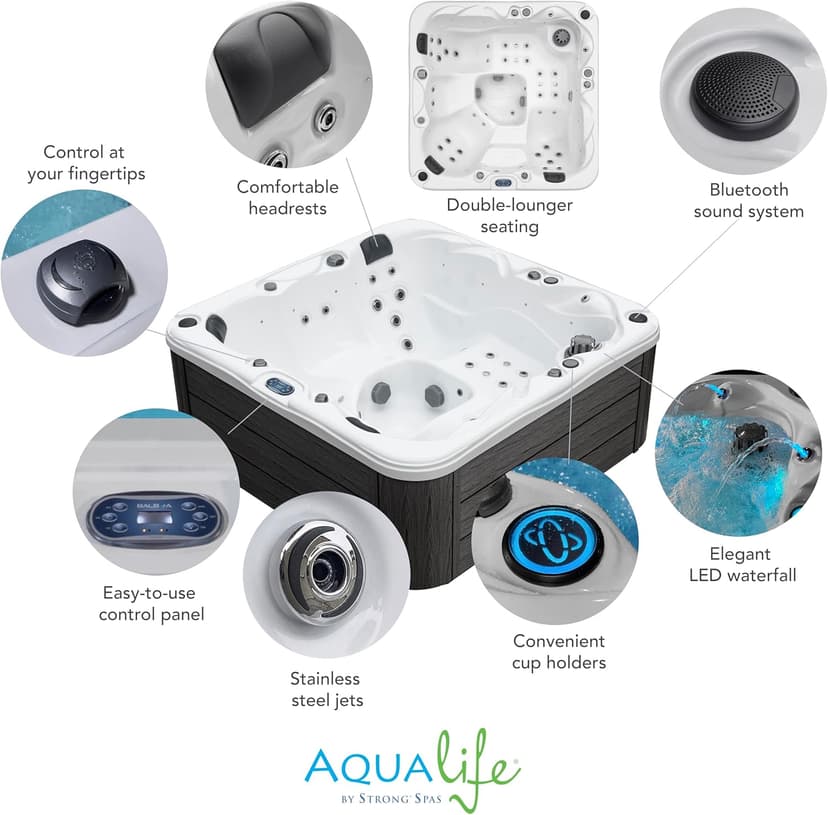 Surfaces Outdoor Hot Tub, Fits 4 Adults, 36 Jets, Double Lounger Seat Spa, Bluetooth, LED Lights, Cover Included, Wellness Tool, Aqualife by Strong Spas