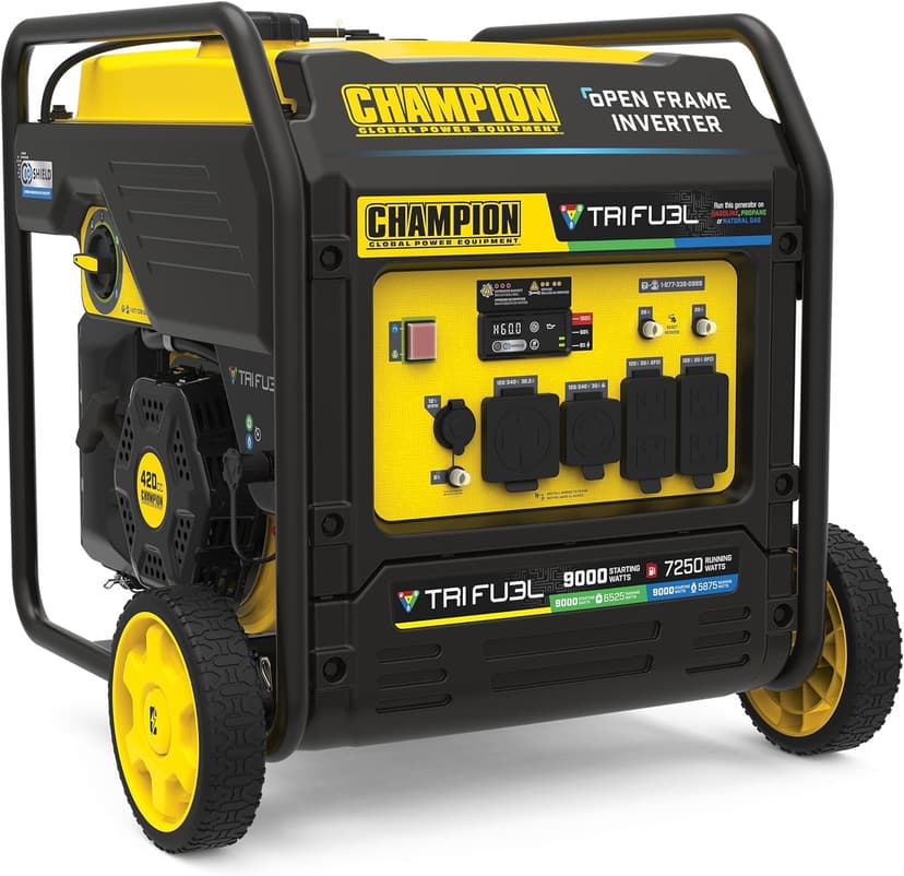 Champion Power Equipment 9000-Watt Electric Start Tri Fuel Home Backup Portable Open Frame Inverter Generator with Quiet Technology and CO Shield