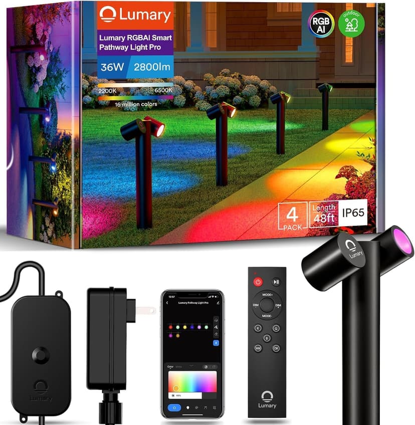 Lumary Smart Pathway Light Pro 700LM, RGBAICW Color Changing Landscape Lights with 8 Adjustable 355° Spot Lights IP65 Waterproof, 48FT Wired Outdoor Landscape Lighting, WiFi APP/Voice/Remote (4 Pack)
