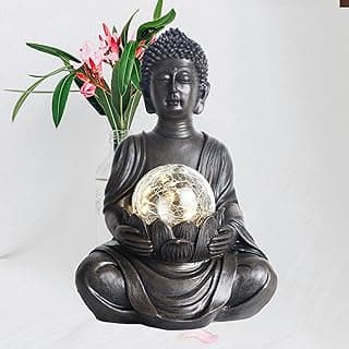 Solar Powered Buddha Statue Outdoor Zen Statues Garden Decor with LED Solar Light, Durable Buddha Sculpture for Home Patio, Yard, Garden or Indoor Meditation Spaces 6.3x5.5x8.9 Inch