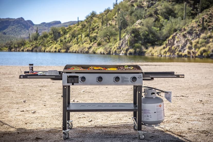 PIT BOSS PB757GD Four Burner LP Fold Over Side Shelves 36" Gas Flat Top Griddle with Fitted Cover, 4 Deluxe, BLACK