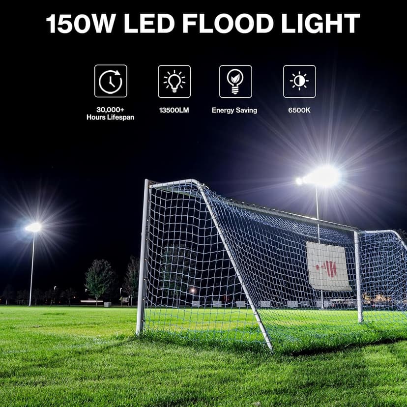 Olafus 2 Pack 150W LED Flood Light Outdoor, 13500LM Super Bright Work Lights Plug in, 6500K, IP66 Waterproof Exterior Floodlight for Stadium Yard Barn