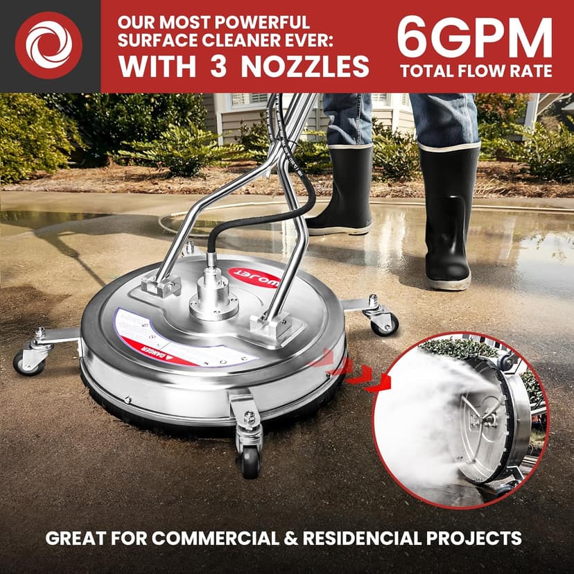 22" Pressure Washer Surface Cleaner with 4 Wheels & Dual Handles & 3 Nozzles, 4500PSI 6GPM Stainless Steel Pressure Washer Attachment for Concrete Driveway Sidewalk Deck Patio, Commercial Grade