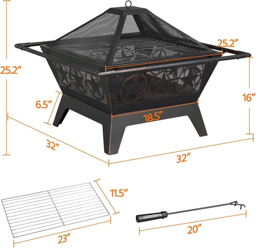 Yaheetech Fire Pit 32in Fire Pits for Outside Outdoor Fireplace Large Square Wood Burning Fire Pit Heavy Duty for Patio BBQ Camping Bonfire with Spark Screen, Mesh Cover, Poker