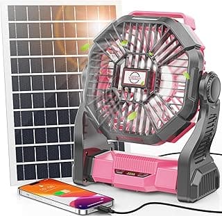 10400mAh Solar Fan with LED Lantern, 10W Solar Panel Rechargeable Battery Powered Camping Fan for Outside, 9 Inch Portable Battery Operated Power Bank for Picnic, Barbecue, Fishing, Travel