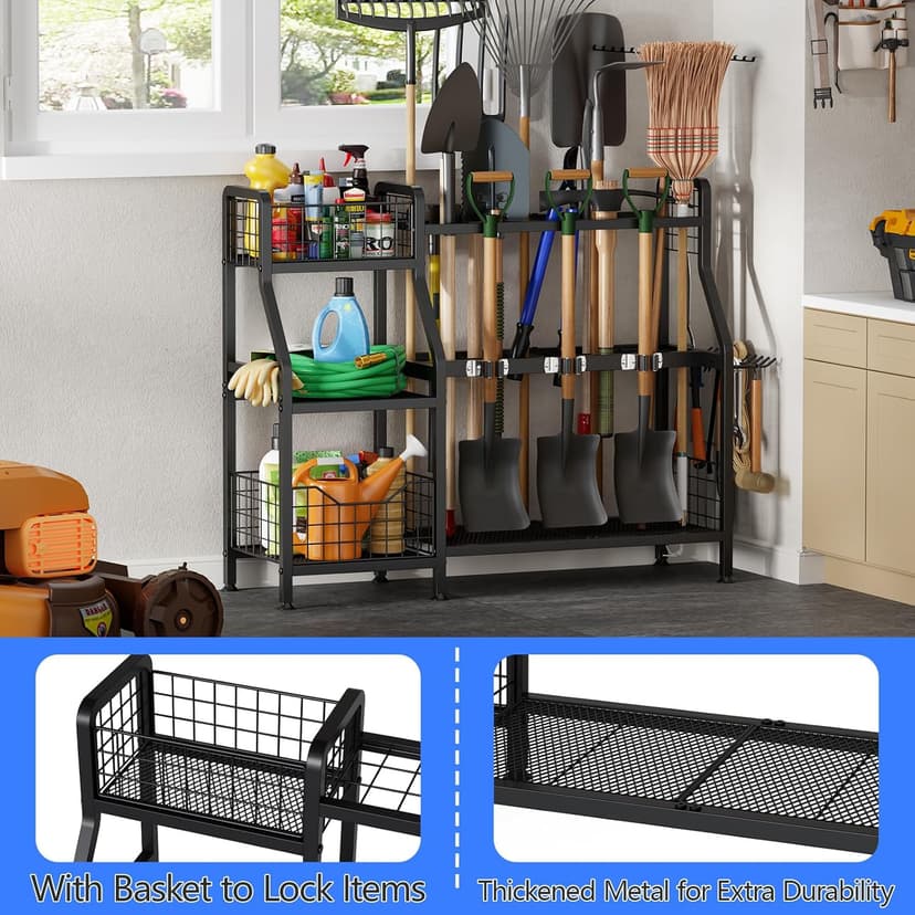 keomaisyto Garden Tool Organizer for Garage/Shed, 3 Tier Garage Tool Organizer and Storage Holder with Hooks, Large Garden Tools Tower Rack with Storage Basket for Shed/Yard/Lawn