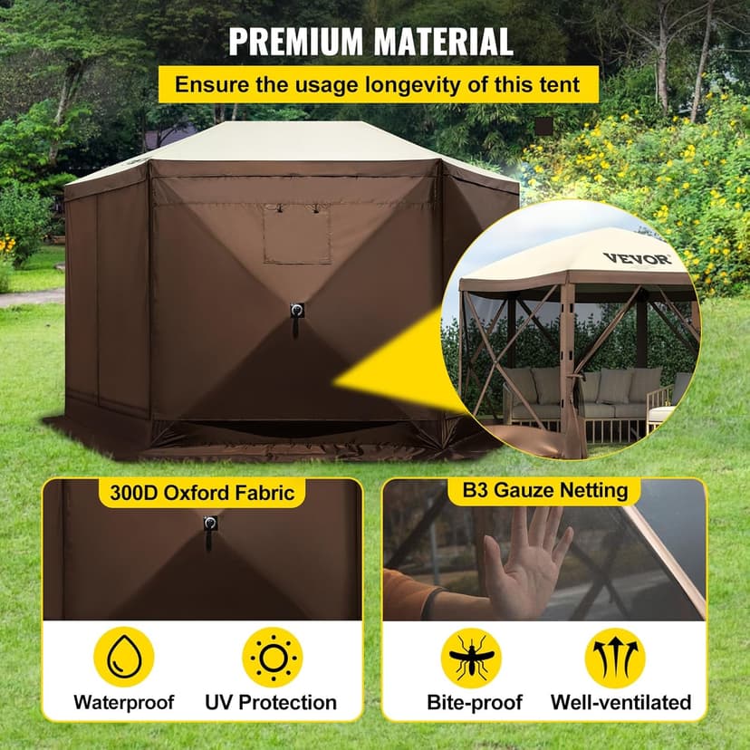 VEVOR Pop Up Gazebo Screen Tent 12 x 12 Ft, 6-Sided Camping Gazebo Instant Canopy Sun Shelter with 6 Removable Privacy Wind Cloths, Mosquito Netting, 300D Oxford Cloth for Patio, Backyard, Lawn
