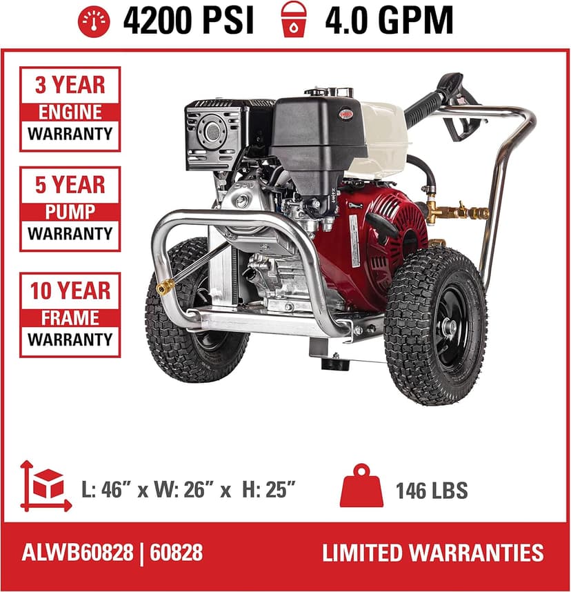 SIMPSON Cleaning ALWB60828 Water Blaster Series 4200 PSI Gas Pressure Washer, 4.0 GPM, Honda Engine, Includes Spray Gun and Wand, 5 QC Nozzle Tips, Monster Series 3/8-in. x 50-ft. Hose, (49-State)