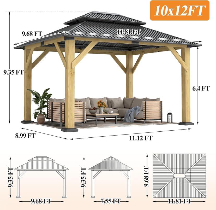 10’x 12’ Outdoor Wood Gazebo - Patio Hardtop Gazebo Permanent Wooden Pavilion with Galvanized Steel Double Roof, Cedar Wooden Gazebos for Garden, Lawn, Poolside, Backyard Deck
