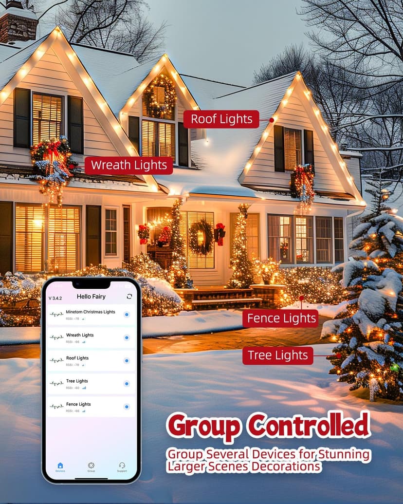 Minetom 66Ft 200 LED Smart RGB String Lights, App Controlled, Dimmable Timer, Waterproof, Indoor/Outdoor, Multicolor, LED, Christmas Tree Lights
