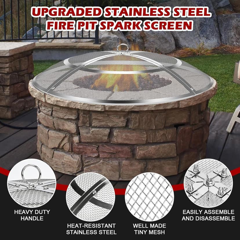 Fire Pit Spark Screen,36 Inch Fire Pit Screen Cover Stainless Steel Outdoor with Handle&Poker,Firepit Screens Cover Round Mesh Lid Heavy-Duty Steel Replacement for Backyard/Beach/RV Camping