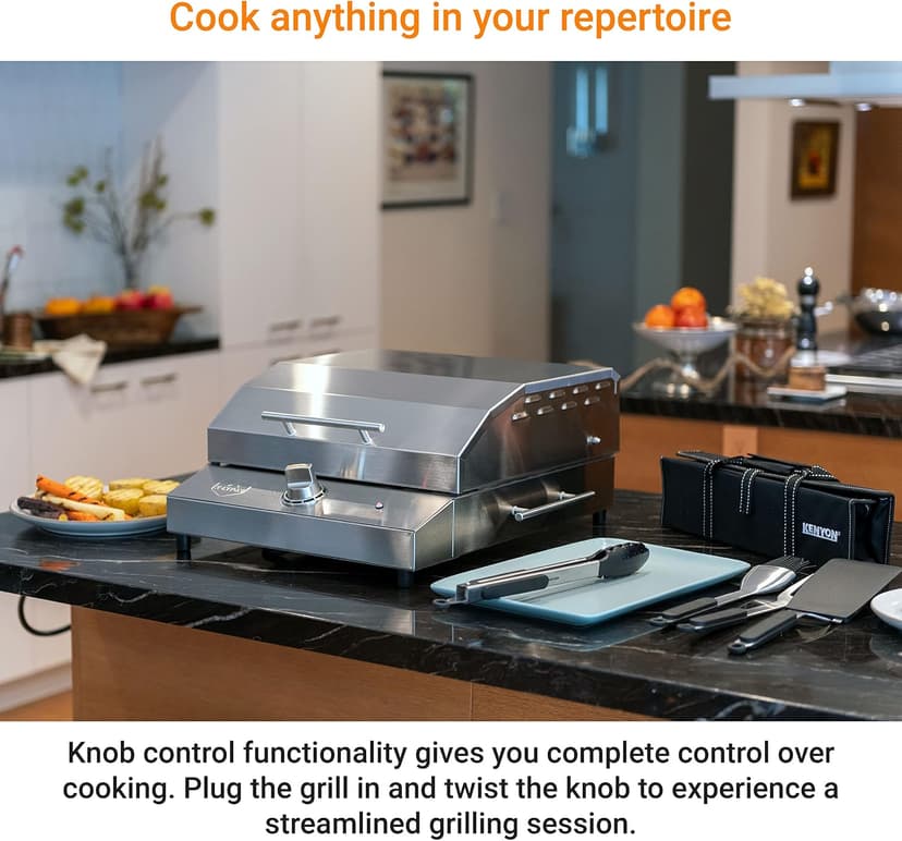 KENYON G2 Portable Tabletop Electric Grill, 1440W Single Burner, Stainless Steel Body, Cast Aluminum Grate, UL Approved Grill For Indoor And Outdoor Use, Removable Lid, Dishwasher Safe, 120Volts