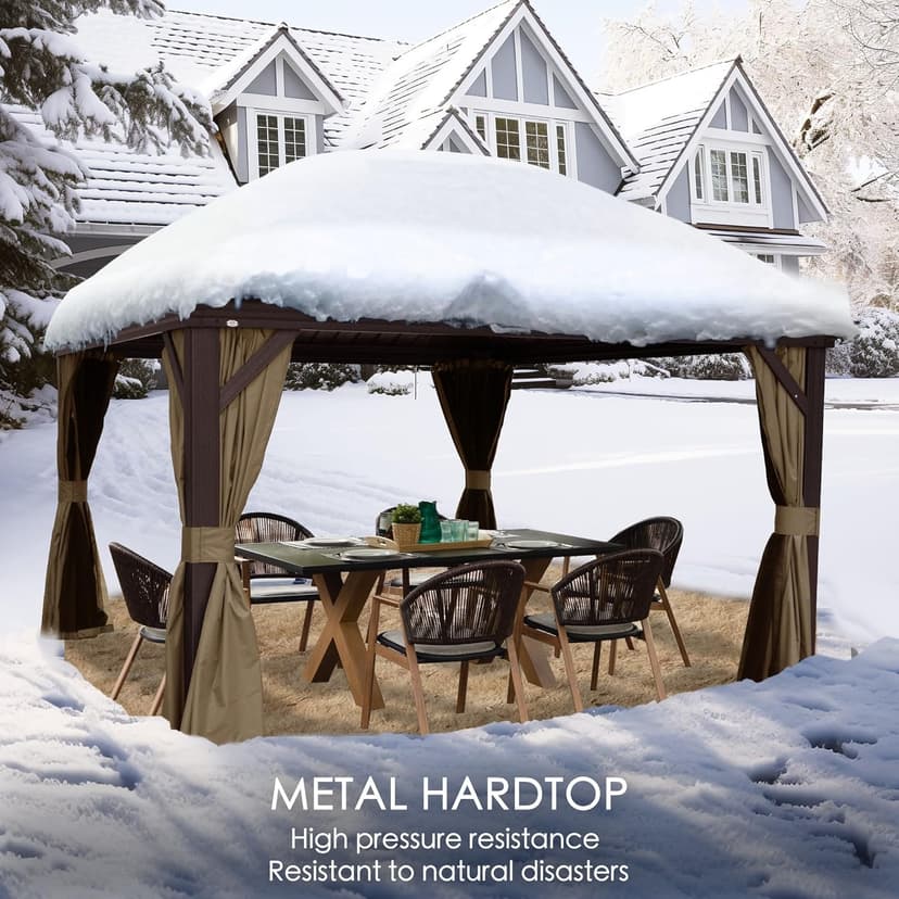 Kozyard Alexander 10' X 12' Hardtop, Aluminum Metal Gazebo with Galvanized Steel Double Roof Canopy, Curtain and Netting, Permanent Pavilion for Patio, Backyard, Deck, Lawn (Brown)
