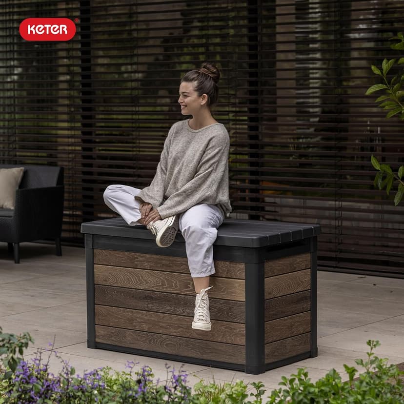 Keter Signature Collection 100 Gallon Resin Deck Box Organization and Storage Box for Patio Outdoor Cushions, Throw Pillows, Garden Tools and Pool Supplies, Walnut