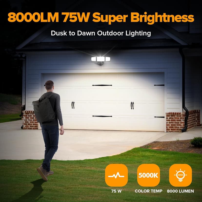 LUTEC 75W 8000LM Dusk to Dawn Outdoor Lighting, LED Flood Light Outdoor with Photocell, 5000K Daylight, IP65 Waterproof, LED Security Lights for Garage, Yard, Patio (Black)