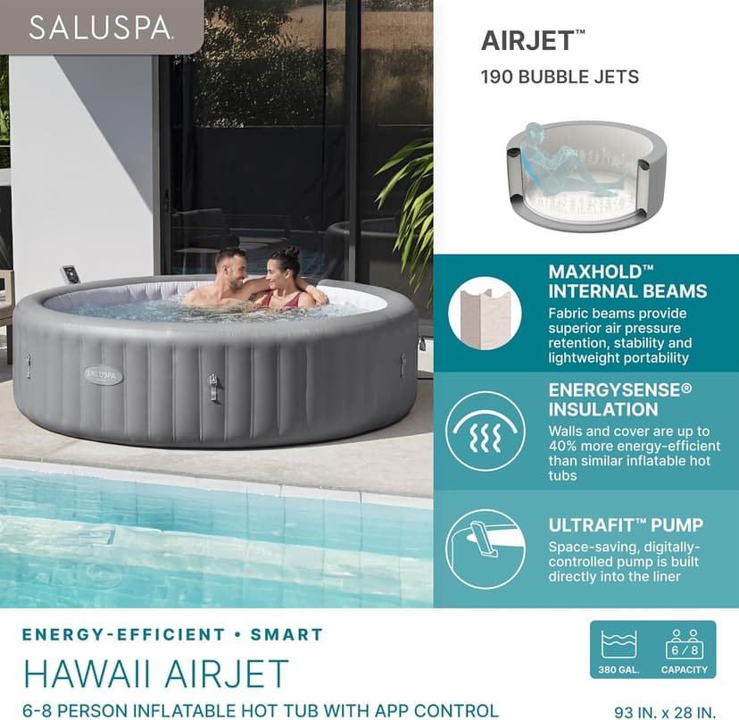 Bestway SaluSpa Hawaii Smart AirJet Inflatable Hot Tub Round Portable 6 to 8 Person Spa with 190 AirJets, App Control and EnergySense Cover, Grey
