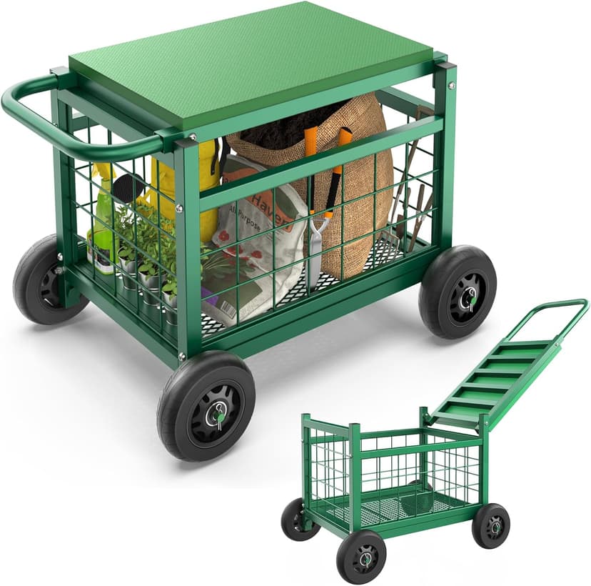 FLINTER Rolling Garden Work Seat with Wheels, Heavy Duty Gardenning Cart with Seat - Garden Rolling Cart Stools w/Wheels for Seniors