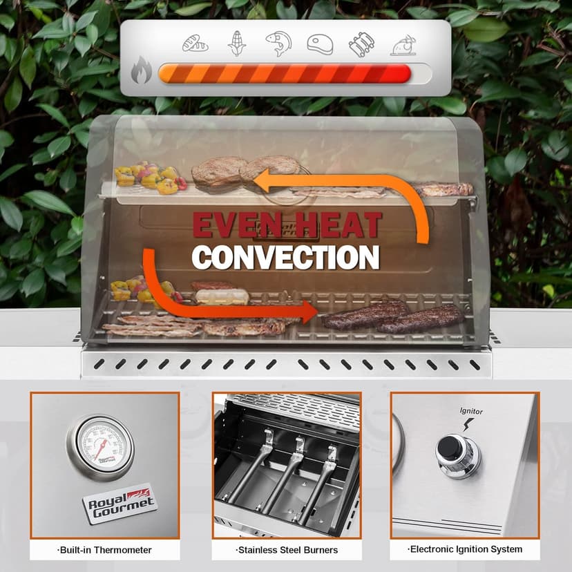 Royal Gourmet GG3001S 3 Burner Propane Gas Grill with Warming Rack, Stainless Steel Cabinet Style Gas Grill with 25,500 BTUs Output for Barbecue Grilling & Backyard Cooking, Silver