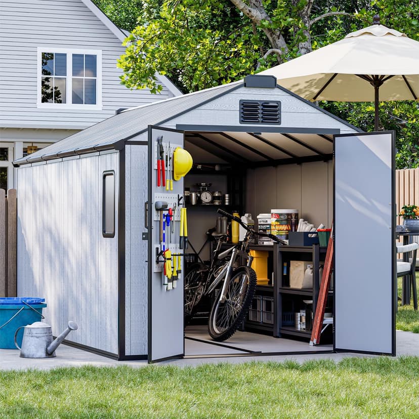 8 x 12 FT Resin Outdoor Storage Shed, All-Weather Plastic Garden Shed with Floor, Lockable Doors & Windows, Plastic Tool Shed for Poolside, Backyard, Patio