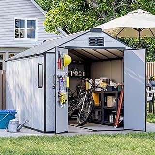 8 x 12 FT Resin Outdoor Storage Shed, All-Weather Plastic Garden Shed with Floor, Lockable Doors & Windows, Plastic Tool Shed for Poolside, Backyard, Patio