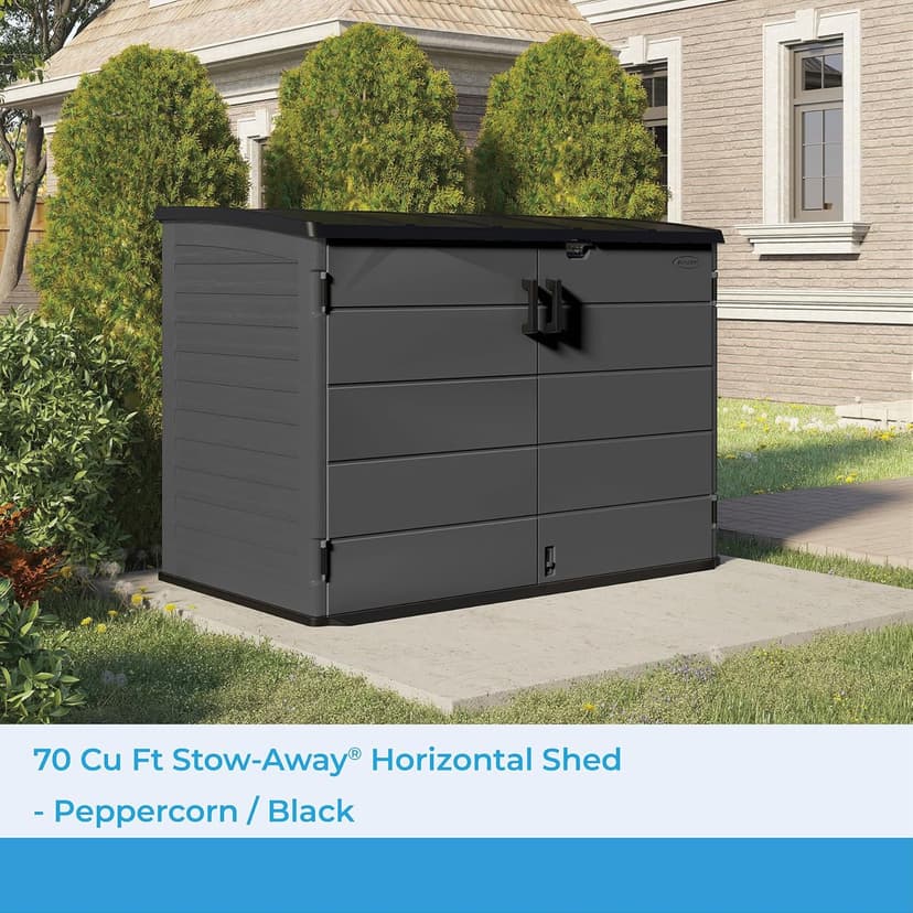 Suncast Stow-Away Horizontal Storage Shed for Yard Storage, All-Weather Outdoor Storage Shed with 2 Lockable Doors, 70.5" W x 44.25" D x 52" H, Peppercorn, Made in The USA