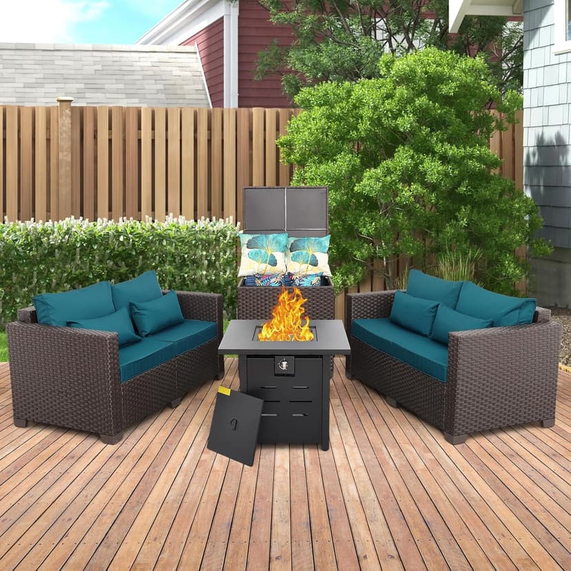 Outdoor Furniture Set 4 Piece Patio Furniture Set Patio Loveseat 50000 BTU Propane Fire Pit Storage Box with Non-Slip Cushions and Waterproof Covers, Peacock Blue