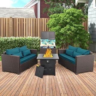 Outdoor Furniture Set 4 Piece Patio Furniture Set Patio Loveseat 50000 BTU Propane Fire Pit Storage Box with Non-Slip Cushions and Waterproof Covers, Peacock Blue
