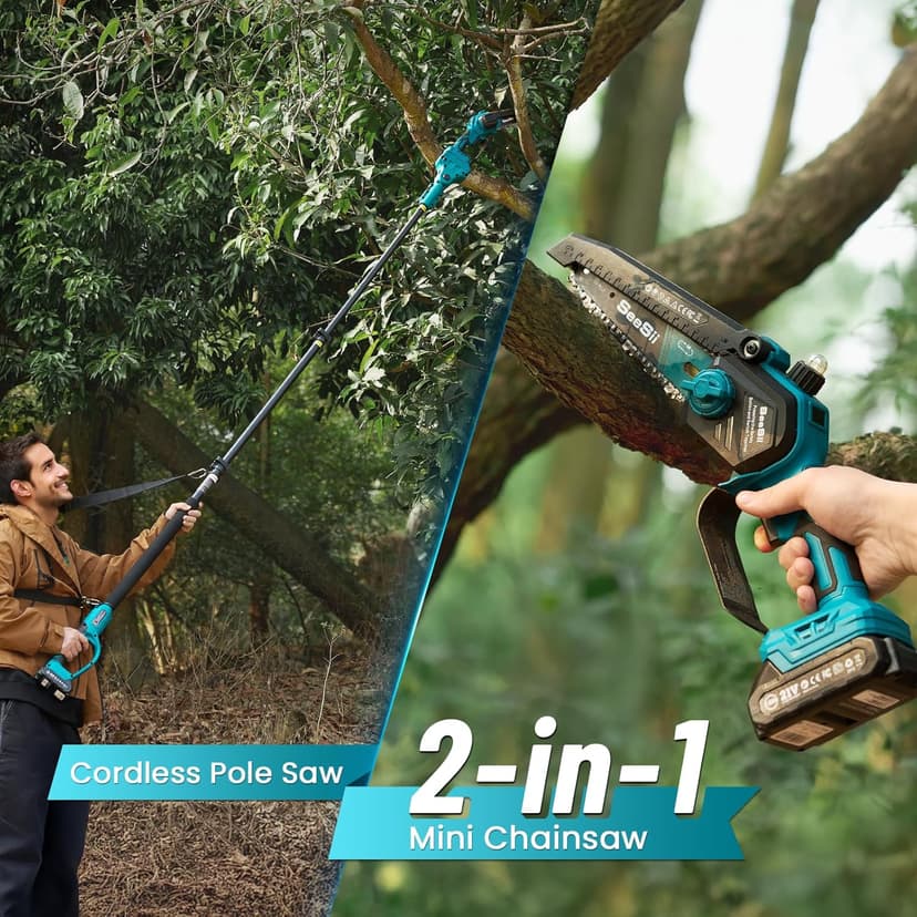 Seesii PS620 2-in-1 Electric Pole Saws: 6 Inch Mini Chainsaw Cordless with Extension Pole, 2Pcs Batteries, Brushless Chain Saw for Limb Branch Cutter, Battery Tree Trimmers Pruner,16Ft Long Reach