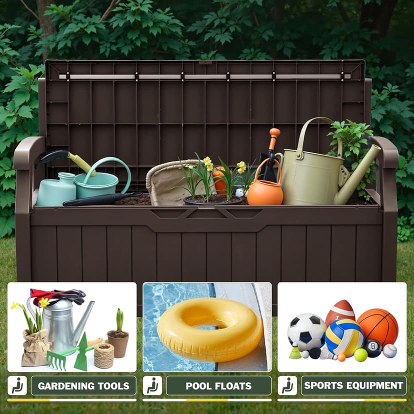 Flamaker 80 Gallon Storage Bench Outdoor Indoor, Durable All-Weather Seating with Hidden Storage, Lockable Deck Box for Garden, Patio, Poolside (Brown)