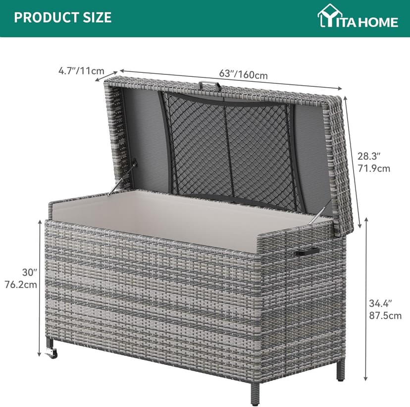 YITAHOME 200 Gallon Large Wicker Deck Box w/Storage Net, Rattan XL Outdoor Storage Box Patio Cushion Storage, Waterproof Storage Box for Patio Furniture, Garden Tools, Pool Sports Equipment (Grey)