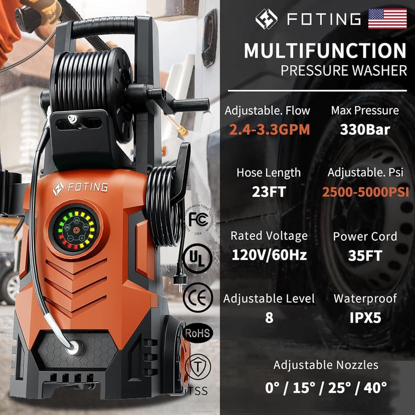 2025Upgraded Electric Pressure Washer with Adjustable Touch Screen 5000PSI 3.3GPM/8 Level, 58Total Long, 4 Quick Connect Nozzles,Inlet Hose&Filter&Foam Cannon for Cars/Fences/Driveways/Home Cleaning