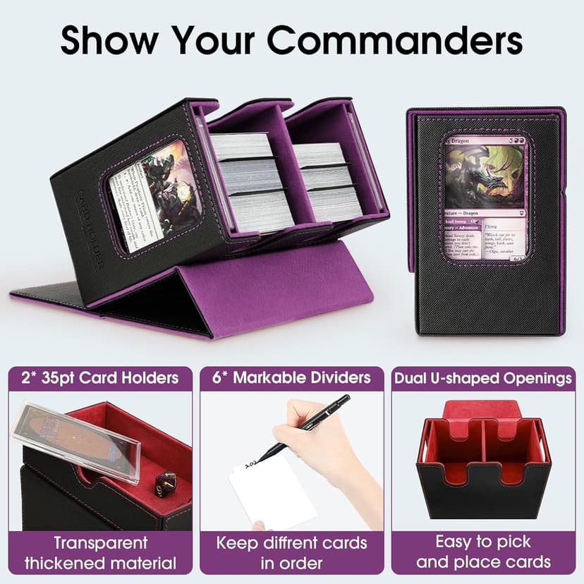 Deck Box MTG with Handle, 2 Commander Displays, 3-in-1 Card Deck Box Fits 236+ Double-sleeved Cards, Magnet Organizer with Dice Tray, 2 Card Holders, 6 Dividers for TCG, CCG -Black Purple(Patent)