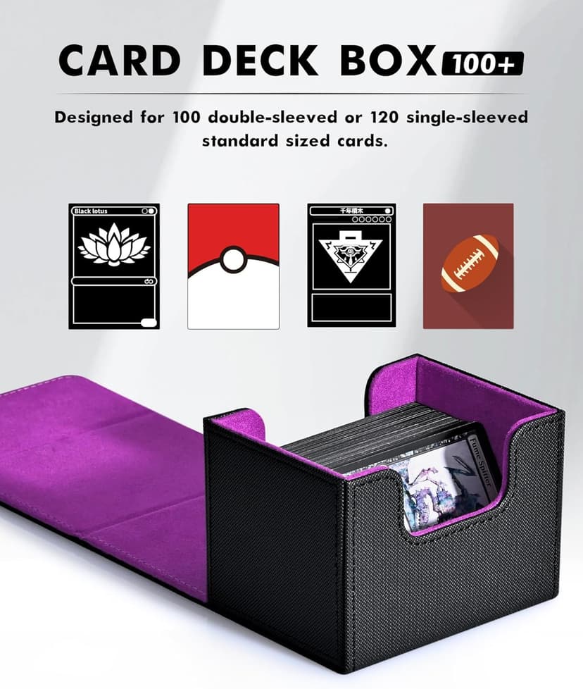 ZLCA Card Deck Box for Trading Cards, MTG Commander Deck Box Holds 120+ Single Sleeved, Leather Magnetic Card Storage Case Fits for TCG CCG Magic (Black& Purple)
