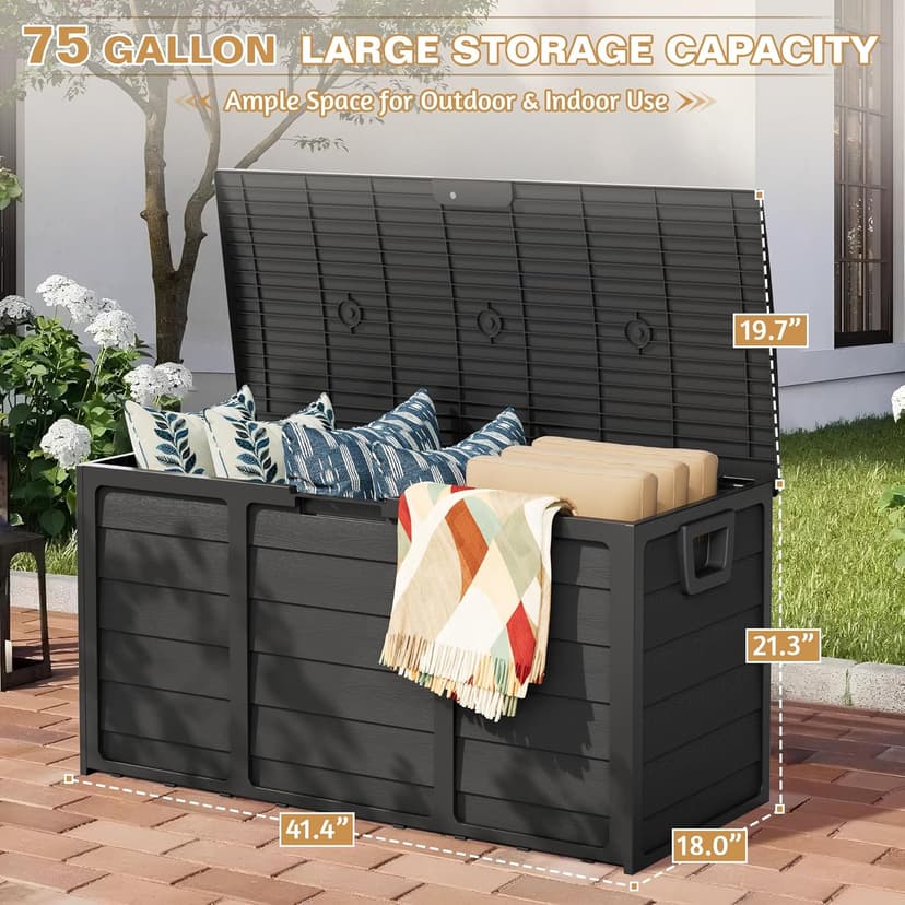 SUNCROWN 75 Gallon Deck Storage Box Resin Outdoor Storage Container with Handles for Patio Garden Yard, Black, Black