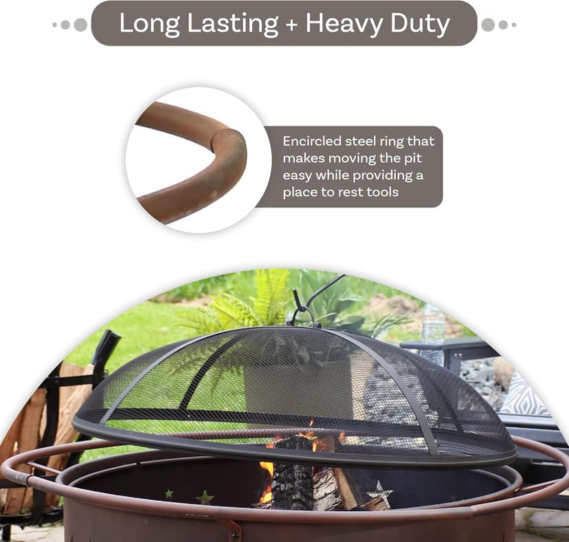 Sunnydaze Cosmic 42-Inch Large Outdoor Fire Pit - Wood-Burning Fire Pit with Round Spark Screen, Poker, and Built-in Grate