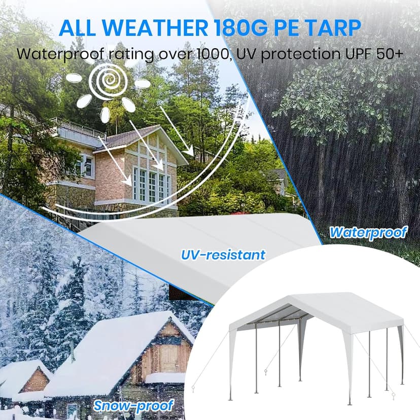 Carport 10x20 Heavy Duty Portable Garage,Galvanized Frame Carport Canopy,Portable Garages and Shelters with 8 Leg&4 Wind Rope,Car Tent Garage with All-Season Tarp for Boat Truck Bike,Without Sidewall
