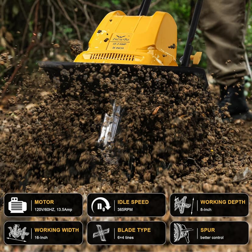 Garden Rototiller 16-Inch 13.5-Amp Corded Electric Tiller/Cultivator, Adjustable Wheels, 8-Inch Tilling Depth, Powerful and Lightweight Tiller