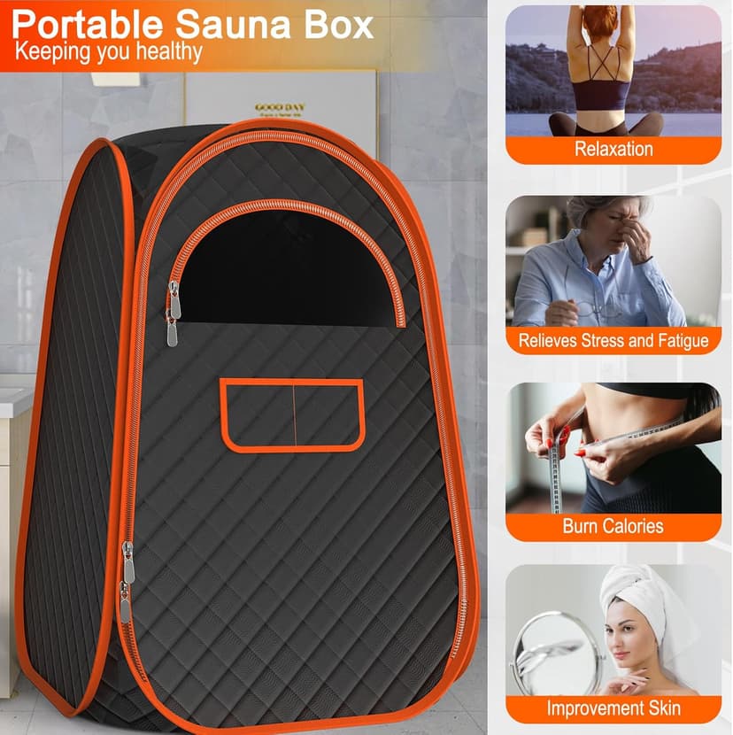 FIOCCO Portable Sauna Box, Portable Sauna for Home with 2.6L Steamer Generator, Remote Control, Portable Chair & Floor Mat, Full Body Personal Saunas Tent for Health, 9 Levels, Orange