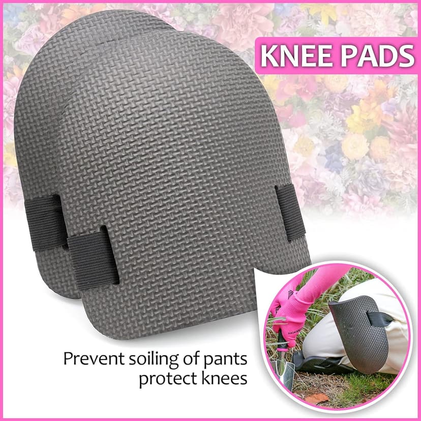 THINKWORK Pink Garden Tools, Gardening Gifts for Women, with 2 in 1 Detachable Storage Bag, Trowel, Transplanter, Rake, Weeder, Cultivator, Purning Shears and 3 Additional Protection Tools