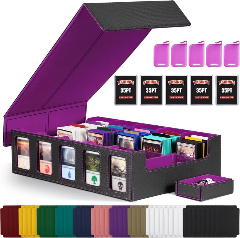 Trading Card Storage Box with Commander Display , 5-Row Deck Case with Removable Lid; 3900+ Card Deck Box for MTG TCG Sports Card, 5 Toploaders, 5 Stoppers, 48 Dividers,1 Dice Tray (Black Purple)