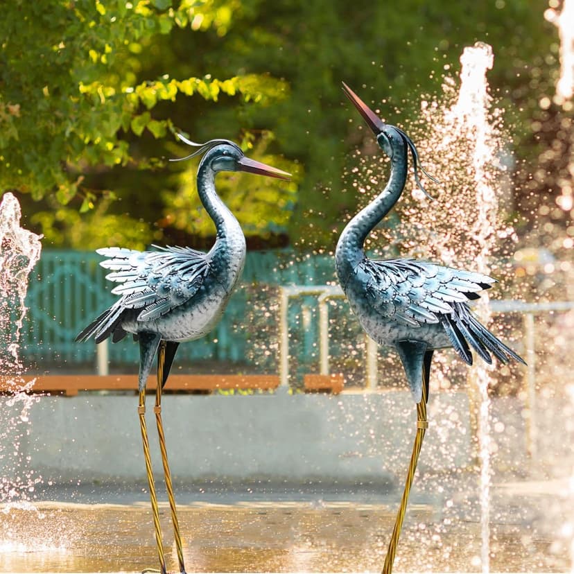 Chisheen Large Garden Crane Outdoor Sculptures, Metal Yard Art Heron Standing for Indoor Outdoor Decor, Bird Statues for Patio Lawn Porch Decorations, Set of 2