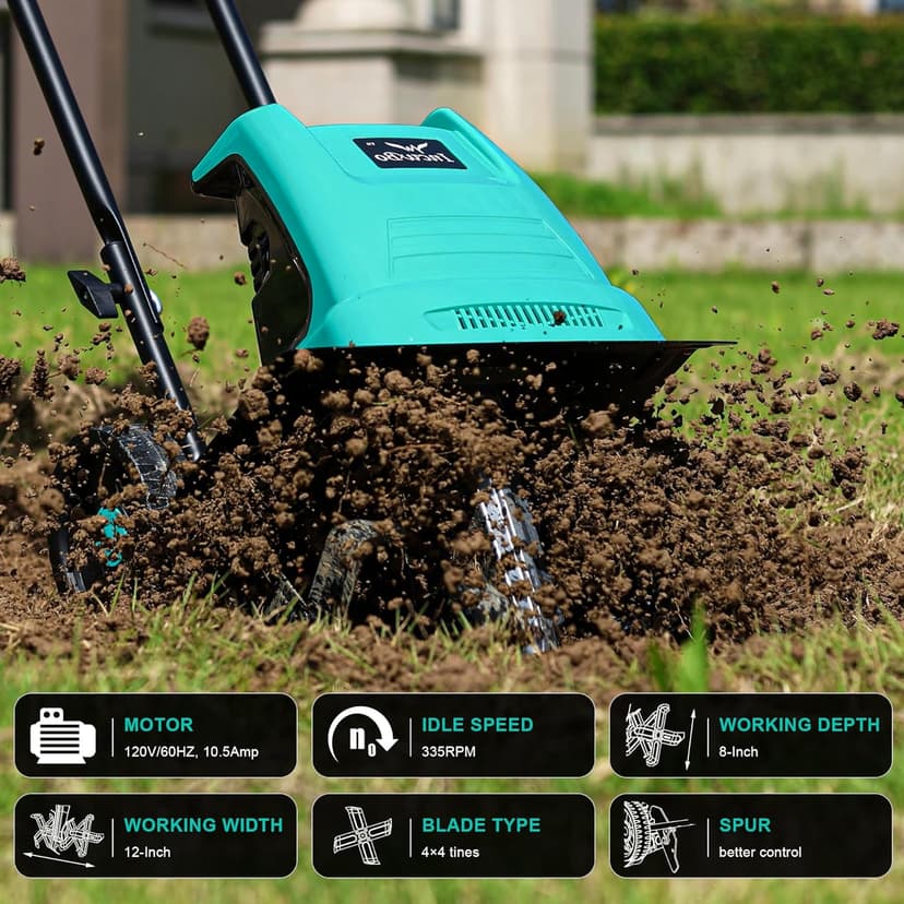 Electric Rototiller Garden Tiller 12 Inch Tilling Width 8-Inch Electric Tiller 10.5 Amp Tiller Cultivator for Garden Yard