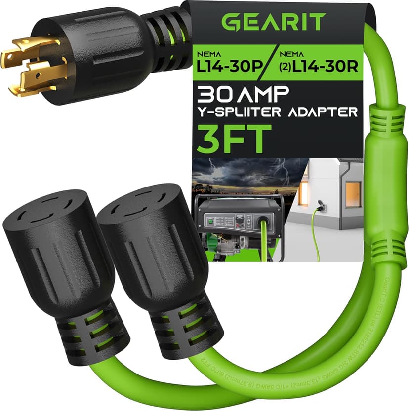 GEARit 30-Amp Generator Splitter Y Adapter Cord - NEMA L14-30P to (2) L14-30R, 4-Prong 120/250-Volt 7500W, 10 Gauge SJTW Locking Power Cord for Manual Transfer Switch, Portable Generators, Outages 3ft