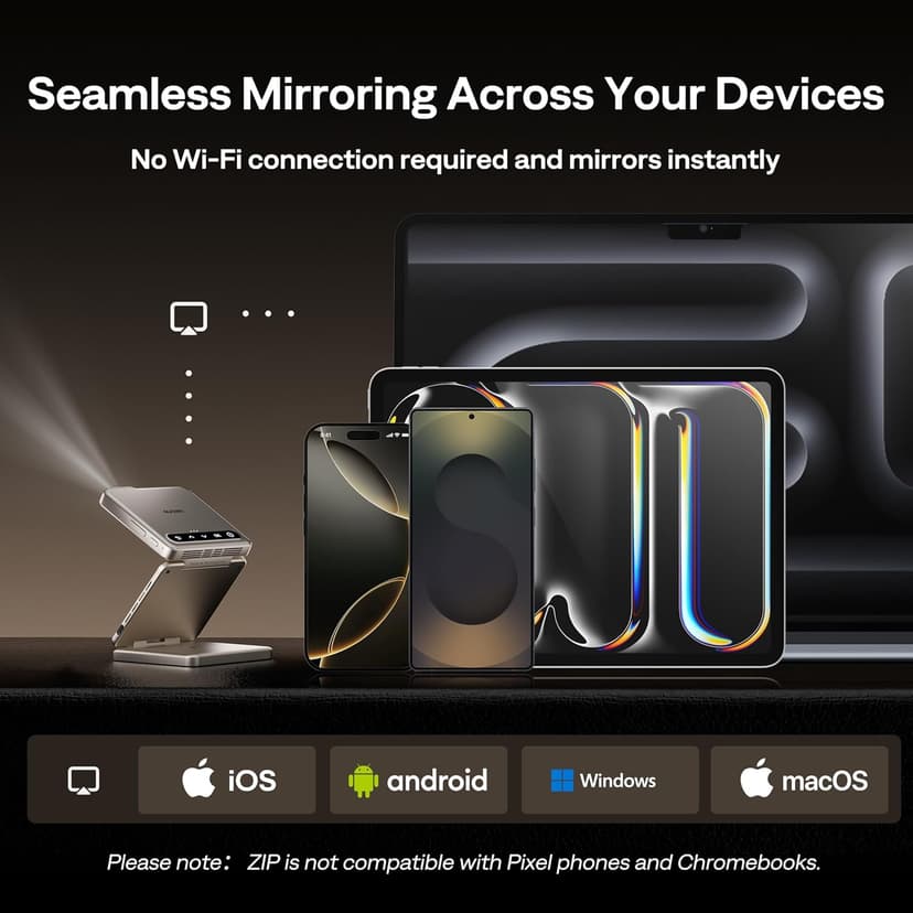 ZIP Tri-Fold Truly Portable DLP Projector, Pocket Size, Zero-Lag Focus, One-Click Screen Mirroring, Full-Screen Mode, Type-C Fast Charging, 5,000mAh Battery, Indoor Outdoor Mini Projector, Gold