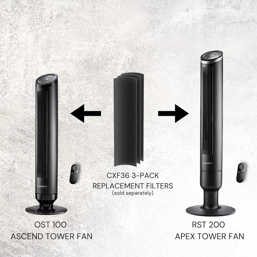 LASKO Ascend 36" Tower Fans for Home, 29 ft/s Airflow, Quiet 29dB on Low, 90° Oscillation, 12 Hour Timer, Air Filter for Hair & Dust, Remote, Black, OST100