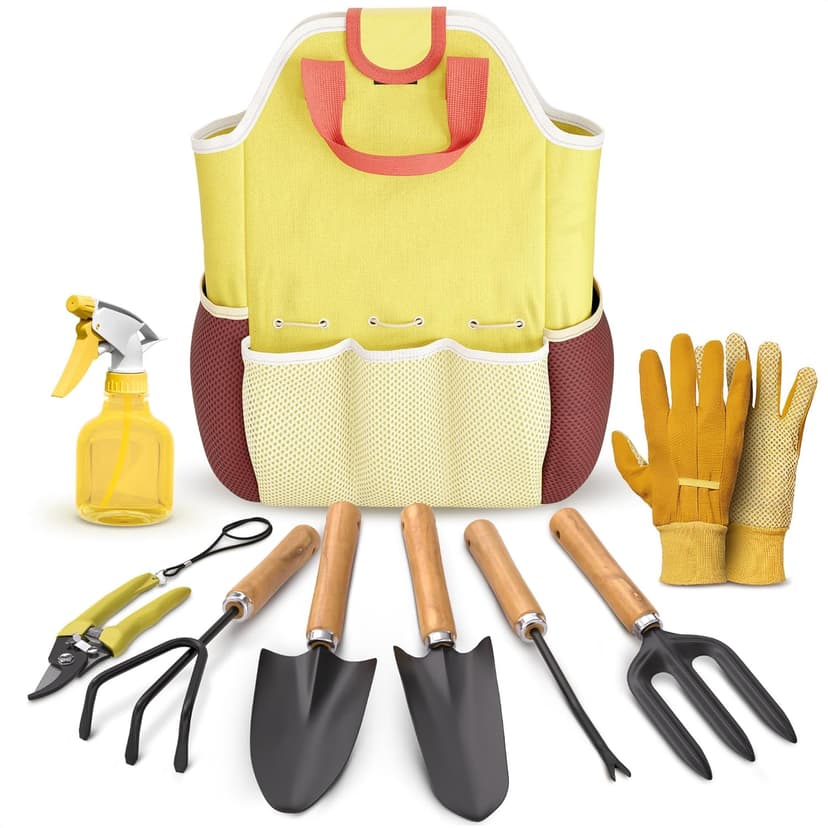 9 Pcs Garden Tool Set for Women – Ergonomic Lightweight Gardening Hand Tools with Convenient Little Bag, Sturdy Metal Garden Tools Set, Easy Handling for Outdoor Plant Care, Gardening Gifts for Women