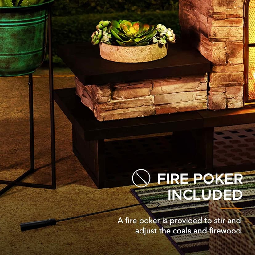 Sunjoy Outdoor Fireplace, Patio Wood Burning Fireplace with Steel Chimney, Mesh Spark Screen Doors, Fire Poker, and Removable Grate, Black