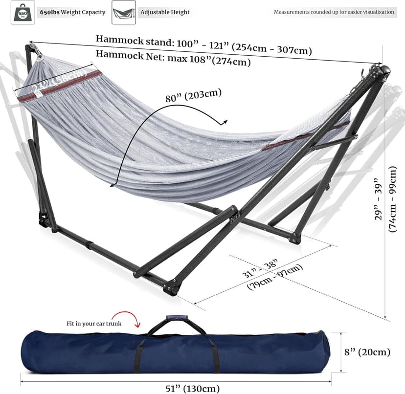 Tranquillo Double Hammock with Stand Included for 2 Persons/Foldable Hammock Stand 600 lbs Capacity Portable Case - Inhouse, Outdoor, Camping, Grey