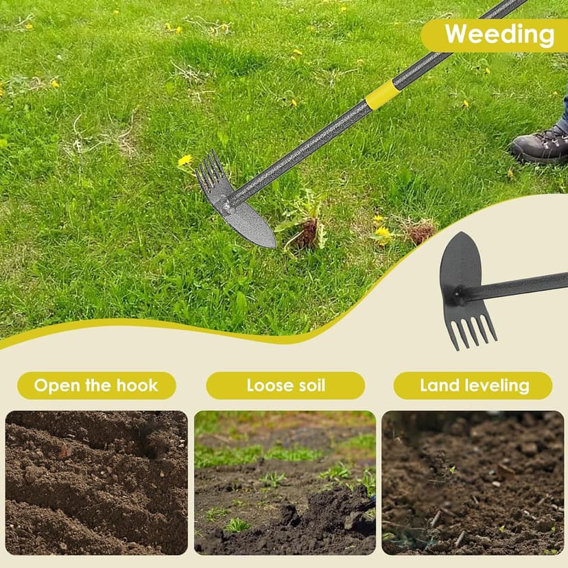 Garden Hoe, 17 to 45 Inch Hoe Garden Tools with Adjustable Handle Length, 2 in 1 Weeding Tool with 5 Tooth Rake, Hoe Garden Tool for Loosening Soil, Planting, Weeding