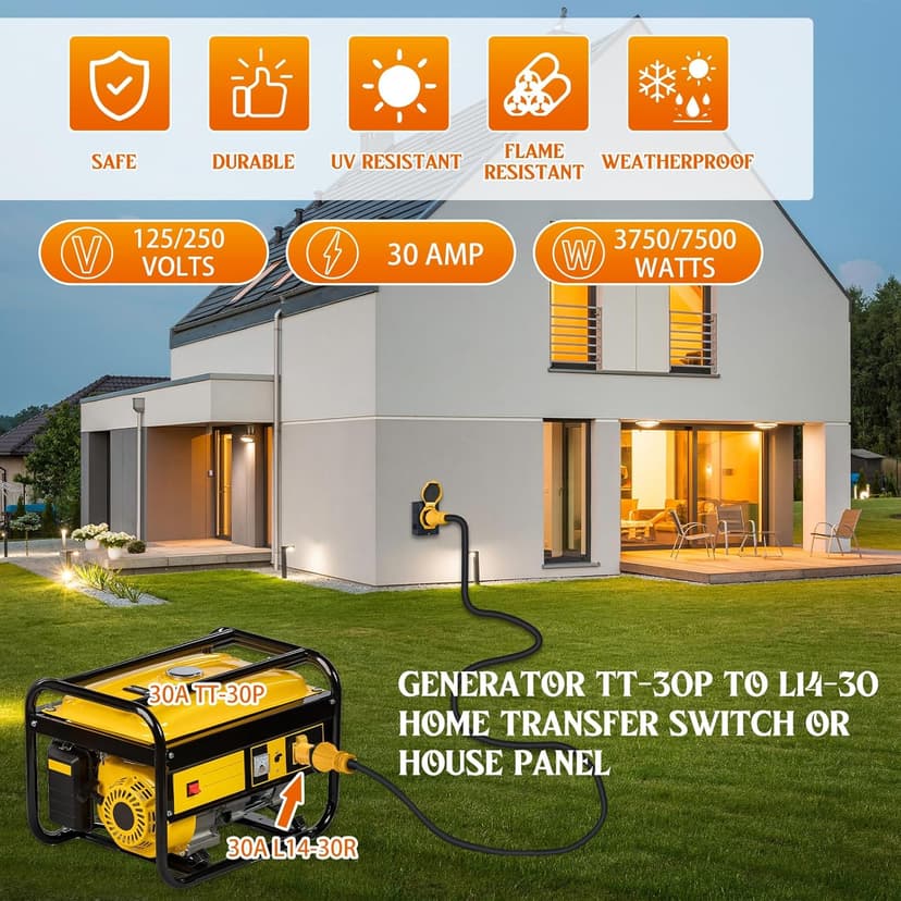 Kanayu Generator Transfer Switch Adapter Compatible with NEMA TT-30P Male to L14-30R Female, 30 Amp 3 Prong to 4 Prong Lock RV Generator Plug Adapter to House Inlet Box(Yellow)